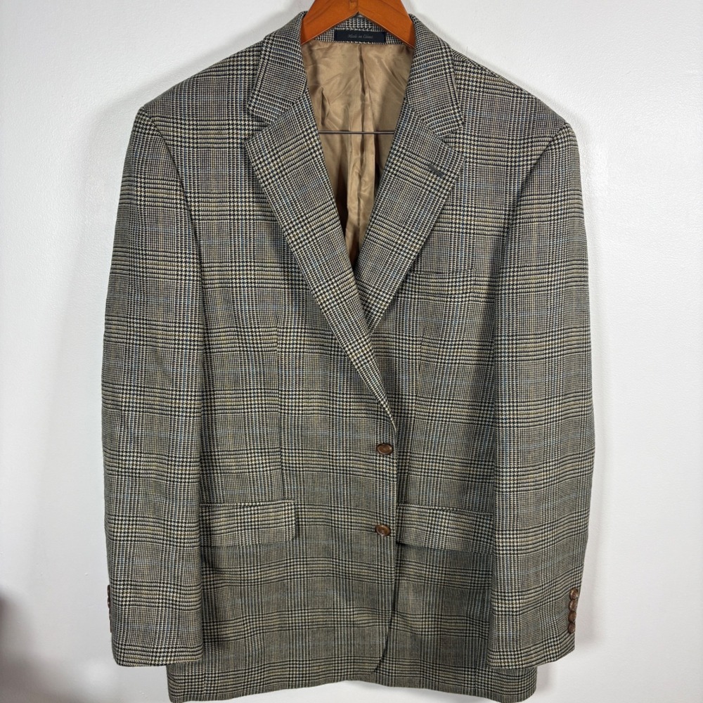 Lauren Ralph Lauren Mens 44L Lambswool Blazer Glen Plaid Brown Blue Sport Coat